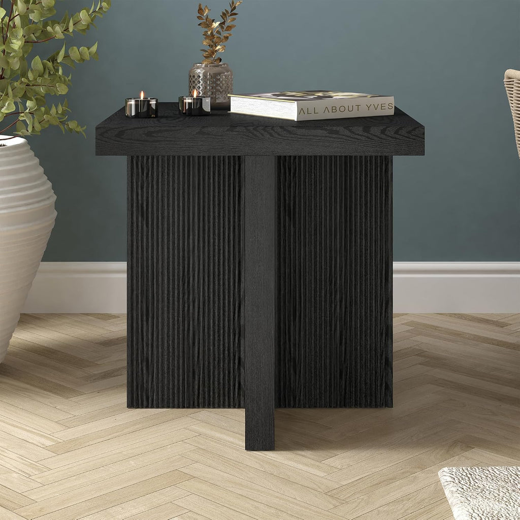 Henn&Hart 22' Fluted Scandinavian Square End Table, Ribbed Side Table, Nightstand for Living Room, Office, Family Room, or Bedroom, Natural Black