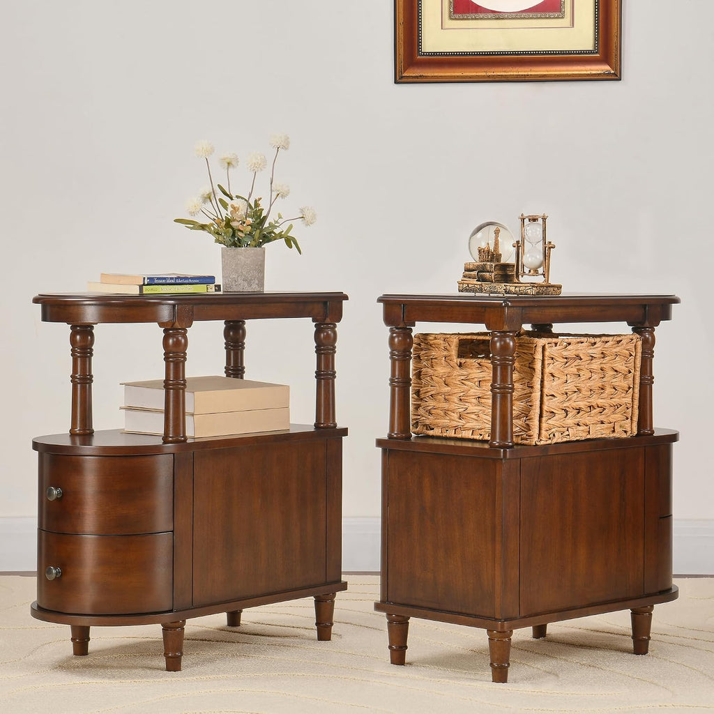 Narrow End Table with 2 Drawers and Storage Shelf, Slim Side Tables, Farmhouse Sofa Beside Table- for Small Spaces, Living Room Telephone Tables, Easy Assembly, Dark Brown BG-A508-CY
