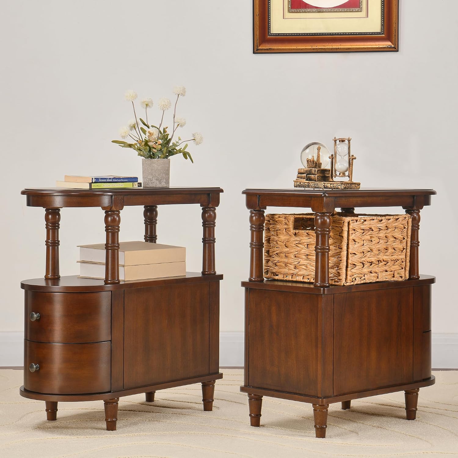 Narrow End Table with 2 Drawers and Storage Shelf, Slim Side Tables, Farmhouse Sofa Beside Table- for Small Spaces, Living Room Telephone Tables, Easy Assembly, Dark Brown BG-A508-CY