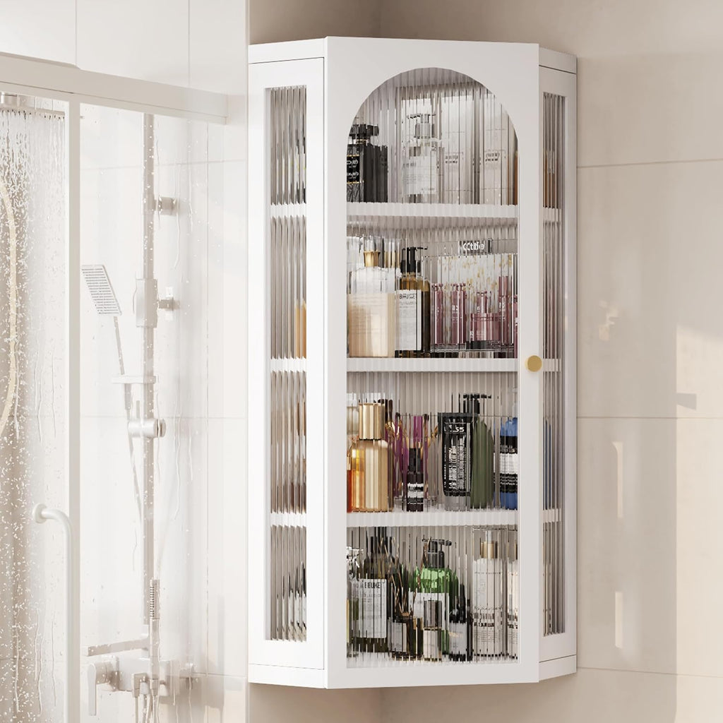 Bathroom Corner Wall Cabinet, Metal Medicine Cabinet with Glass Doors and Shelves, Hanging Corner Storage Cabinet for Bathroom, Kitchen, Laundry Room (White)