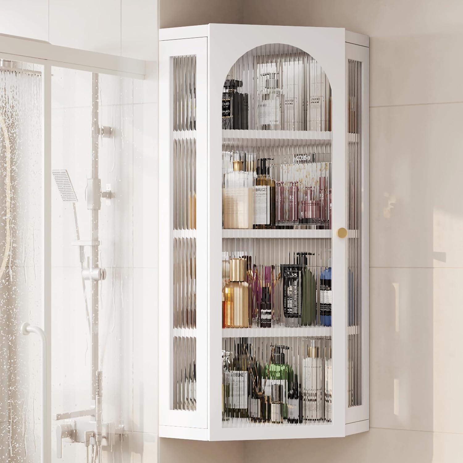 Bathroom Corner Wall Cabinet, Metal Medicine Cabinet with Glass Doors and Shelves, Hanging Corner Storage Cabinet for Bathroom, Kitchen, Laundry Room (White)