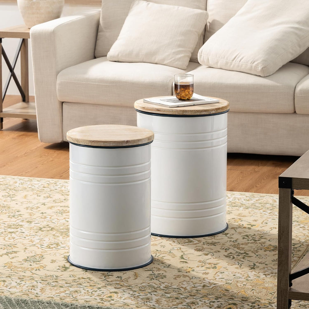 Glitzhome 4-Piece Galvanized Side Table Set, Metal Farmhouse Barrel Toy Box Bins with Round Wood Lid, Rustic Ottoman Seat Stool with Large Storage Space, for Living Room, Bedroom,White