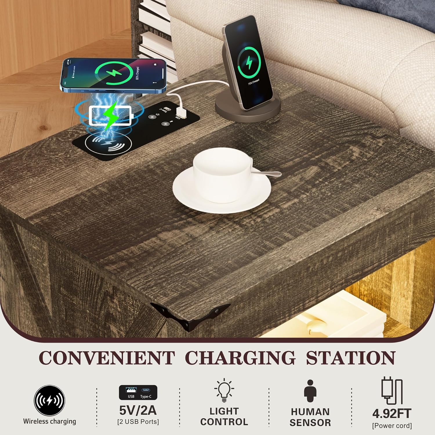 Farmhouse LED Nightstand with Gun Drawer&Invisible Lock,Modern Bedside Table with Human Sensor Design,Rustic Side Table with Wireless Charging for Living Room, Dark Oak