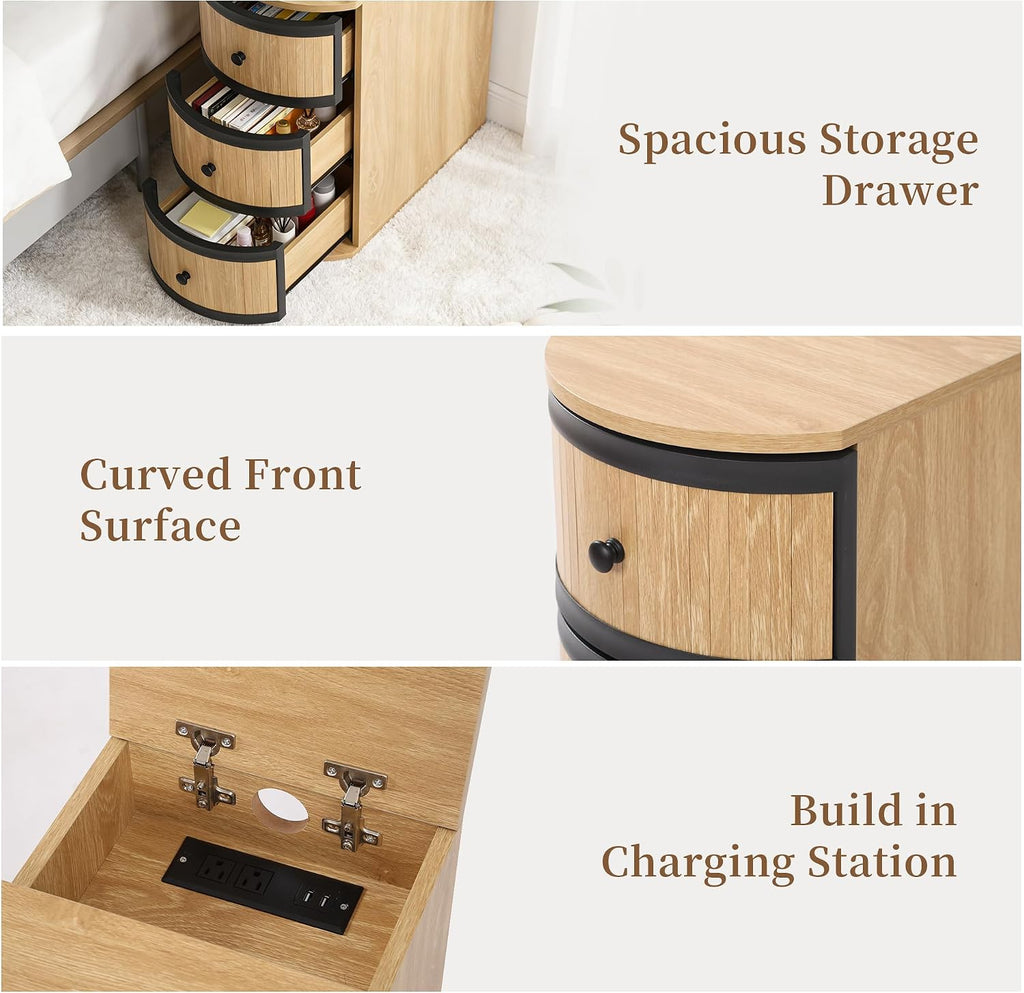 BERRYMERRY Narrow End Table Set of 2 with Charging Station, Modern Slim Nightstand Bedside Table with 3 Drawers for Bedroom Living Room, Natural, 11.81' W x 23.51' D x 23.62' H