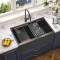 MILOSEN 28 Inch Black Farmhouse Kitchen Sink, 28''x22'' Drop in Black Stainless Steel Workstation Apron Front Sink with Ledge & Accessories, Double Bowl Farm Sinks, 10'' Large and Deep Handmade Sinks