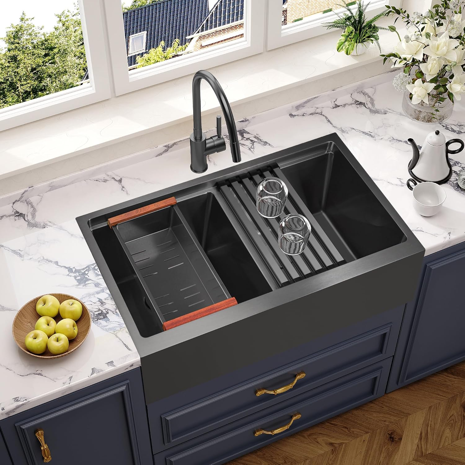 MILOSEN 30 Inch Black Farmhouse Kitchen Sink, 30''x22'' Drop in Black Stainless Steel Workstation Apron Front Sink with Ledge & Accessories, Double Bowl Farm Sinks, 10'' Large and Deep Handmade Sinks