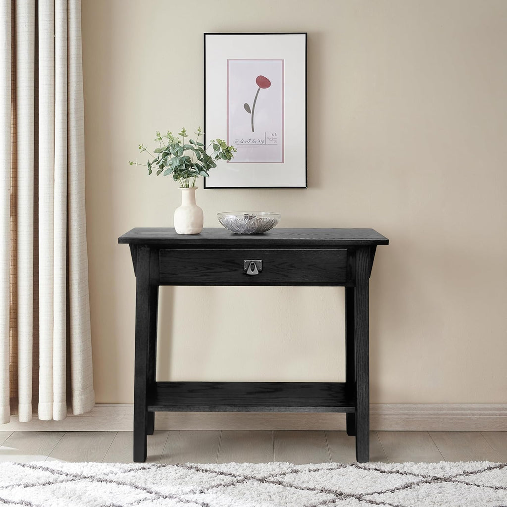 Leick Home Mission Console Table, Solid Wood, 1 Storage Drawer, Bottom Display Shelf, Narrow Depth, Easy-Assembly, For Living Room/Hallway, Slate Black, 30 in L x 10 in W x 28 in H, 9057-SL