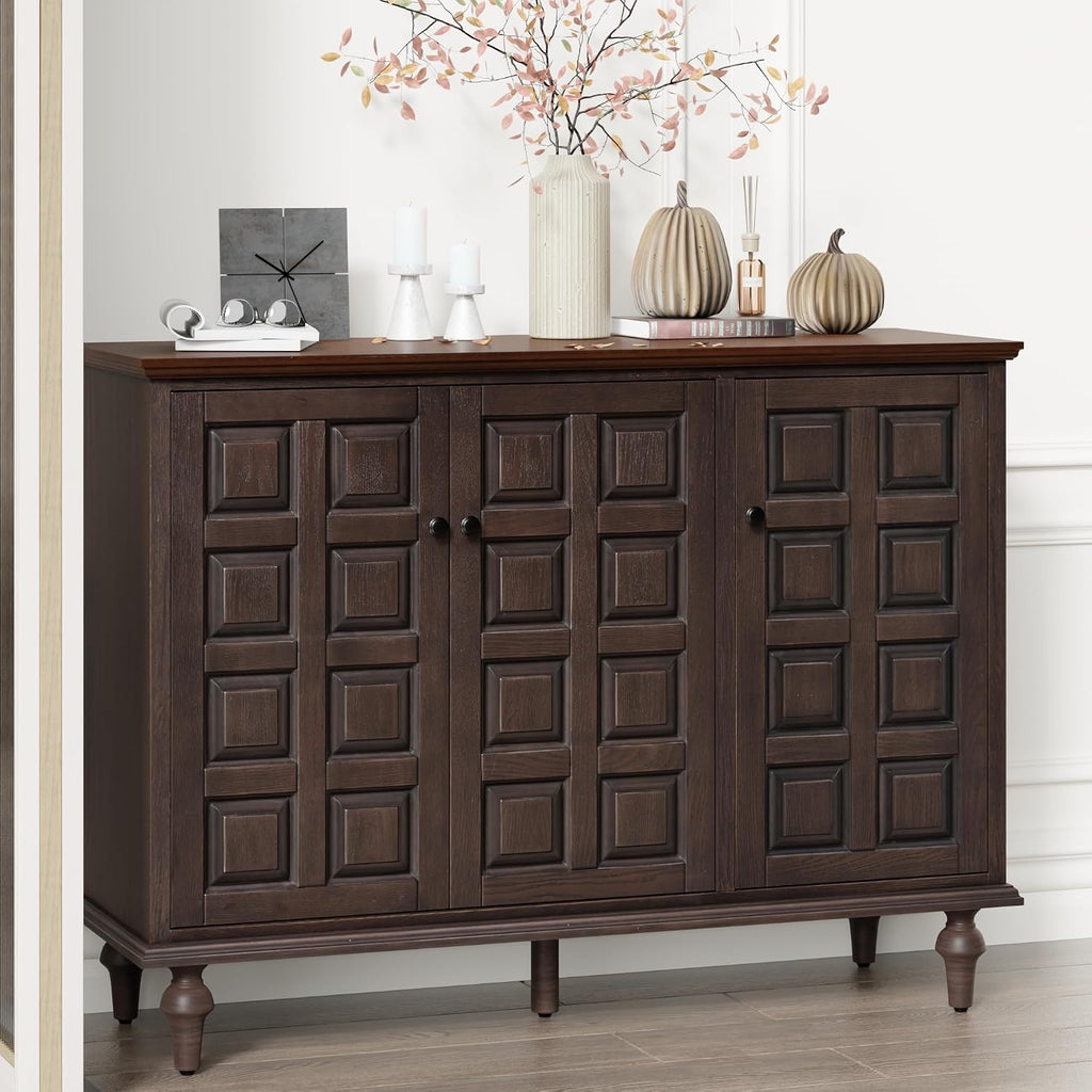 Aoikax Retro 3 Door Storage Cabinet with Plaid Pattern Front, Rustic Side Table for Bedroom, Living Room, Handles, Four Shelves, Pine Wood, Natural Wood, Brown