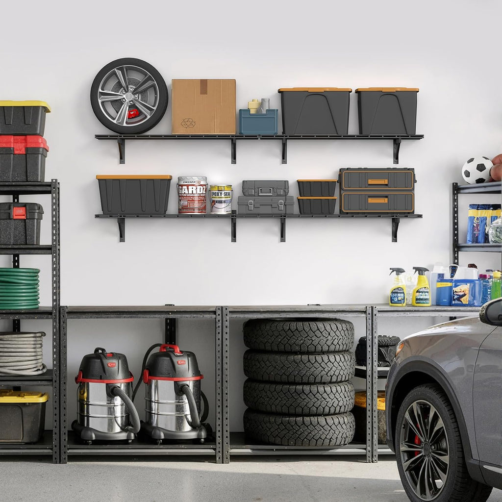 Jusgym 4 Pack Heavy Duty Garage Wall Shelving Set (1x4ft), Wall Mounted Garage Shelves 1400lbs Capacity, 12'x48' Shelf Storage Rack Floating Shelves, Black