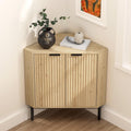 EYYTHUNG Fluted Corner Cabinet, Modern Small Corner Floor Cabinet with 2 Doors and 2-Tier Shelves, Freestanding Narrow Organizer for Living Room Kitchen Bathroom, Light Oak