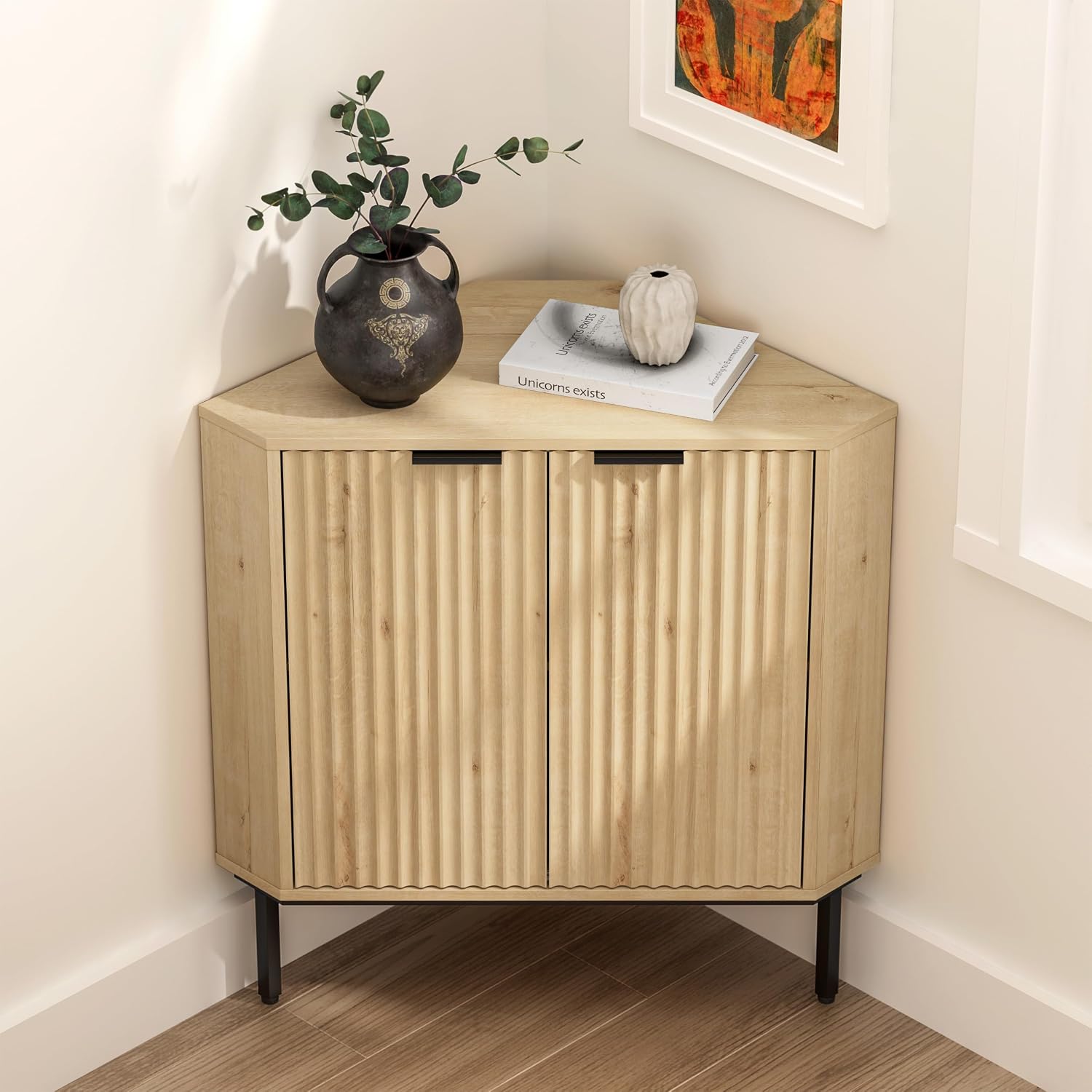EYYTHUNG Fluted Corner Cabinet, Modern Small Corner Floor Cabinet with 2 Doors and 2-Tier Shelves, Freestanding Narrow Organizer for Living Room Kitchen Bathroom, Light Oak