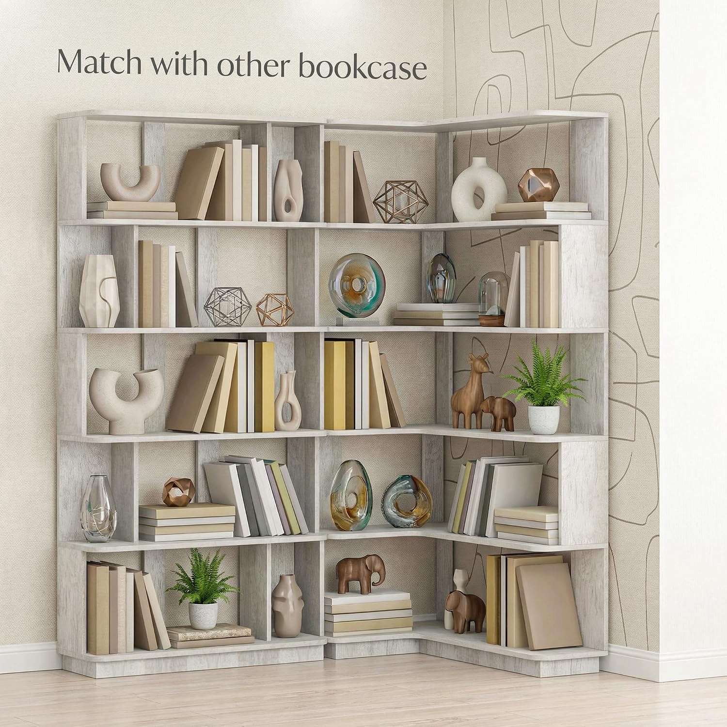 6 Tier Corner Bookshelf, Freestanding L-Shaped Wooden Bookcase with Open Shelves, Anti-Fall Panels and Anti-Tipping Device for Living Room, Home Office (Light Gray with Right Extension)
