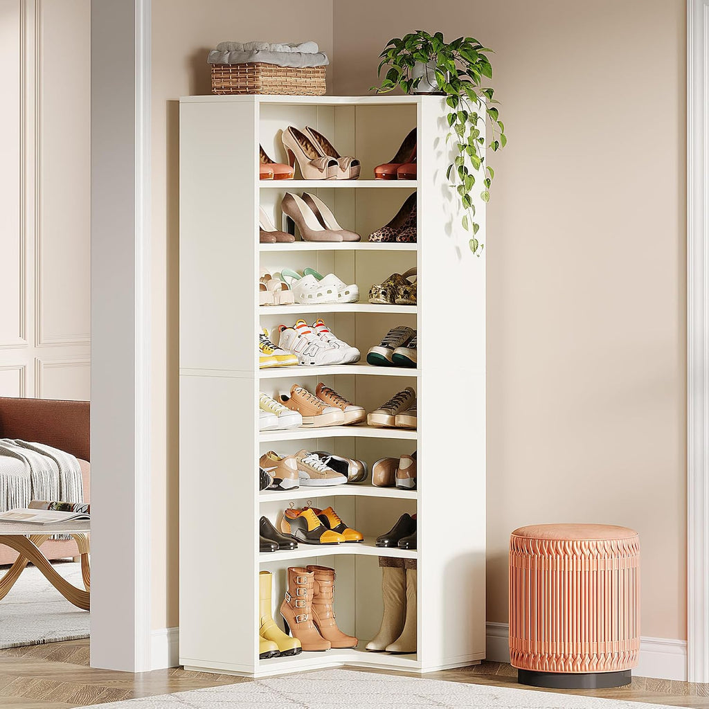 Tribesigns Corner Shoe Rack for Closet, 9-Tier Modern Corner Shelf Organizer, Large Wood Storage Shelf for Shoes, Holds up to 45 Pairs, White (1PC)