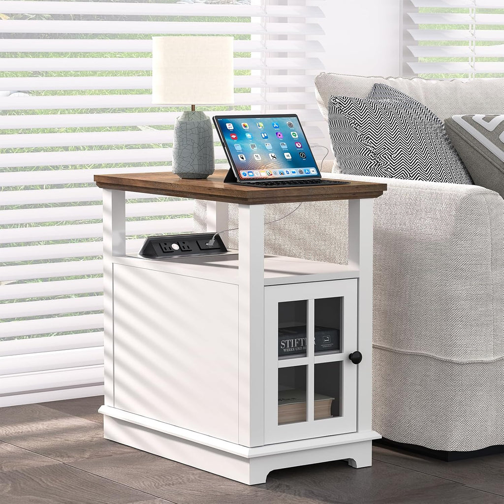 HIFYOBRO Narrow End Table with Flip Top Charging Station, Storage Side Table, Type-C & USB Port & Adjustable Shelf, White Nightstand for Living Room & Bedroom