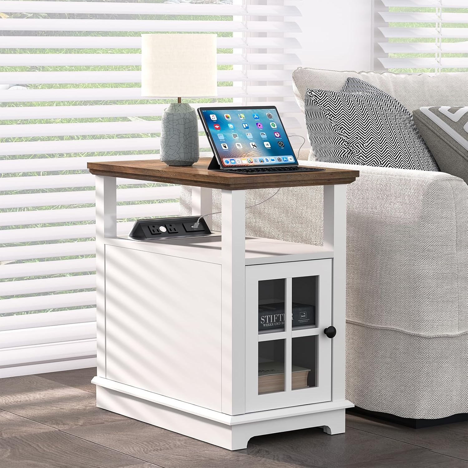 HIFYOBRO Narrow End Table with Flip Top Charging Station, Storage Side Table, Type-C & USB Port & Adjustable Shelf, White Nightstand for Living Room & Bedroom