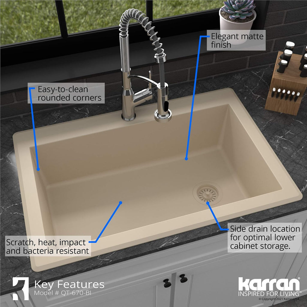 Karran QT-670 Drop-In/Top Mount 33' Single Bowl Granite Quartz Composite Kitchen Sink in Bisque, Right Side Drain, Extra Deep 9' Basin, Heat & Scratch Resistant, Sound Dampening