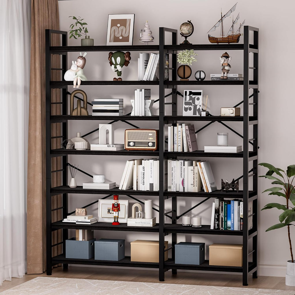 7-Tier Corner Bookshelf, Reversible Wooden Shelves, Industrial Bookcase with Open Shelves and Sturdy Metal Frame, Display Shelf Storage Rack for Living Room, Bedroom, Home Office (Black)