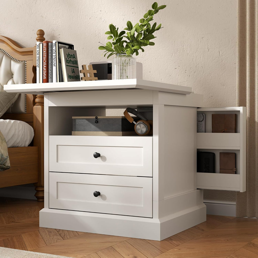 Gyfimoie Nightstand with Hidden Storage Space, Night Stand, End Table with Side Drawer, Bedside Table with Open Shelf, 2 Drawers Dresser for Bedroom, Living Room, Closet (White)