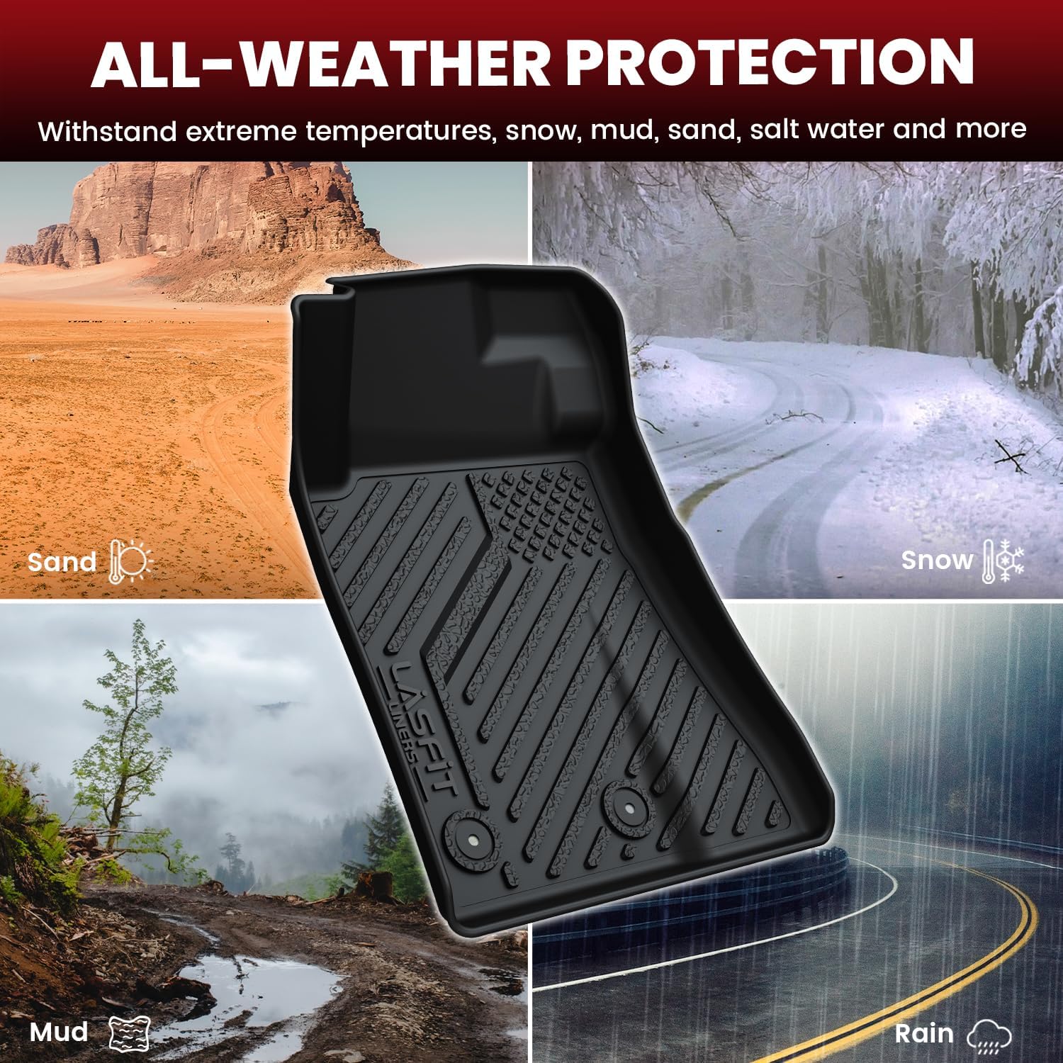 LASFIT Floor Mats and Cargo Mat for Ford Mustang 2024 2025 2026 (NOT fit w/o Subwoofer Box) All Weather Protector TPE Car Floor Liners, 1st & 2nd Row & Trunk Liner, 5pcs Black