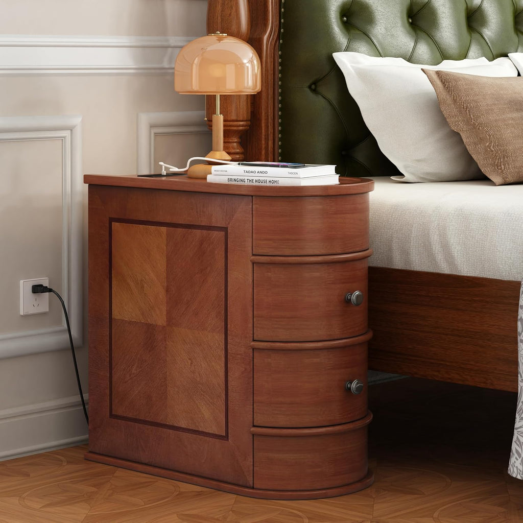 Narrow End Table with Charging Station, Vintage Slim Sofa Side Table & Nightstand with 2 Drawers, Compact Wood Storage for Living Room Bedroom Small Spaces, Fully Assembled, Brown