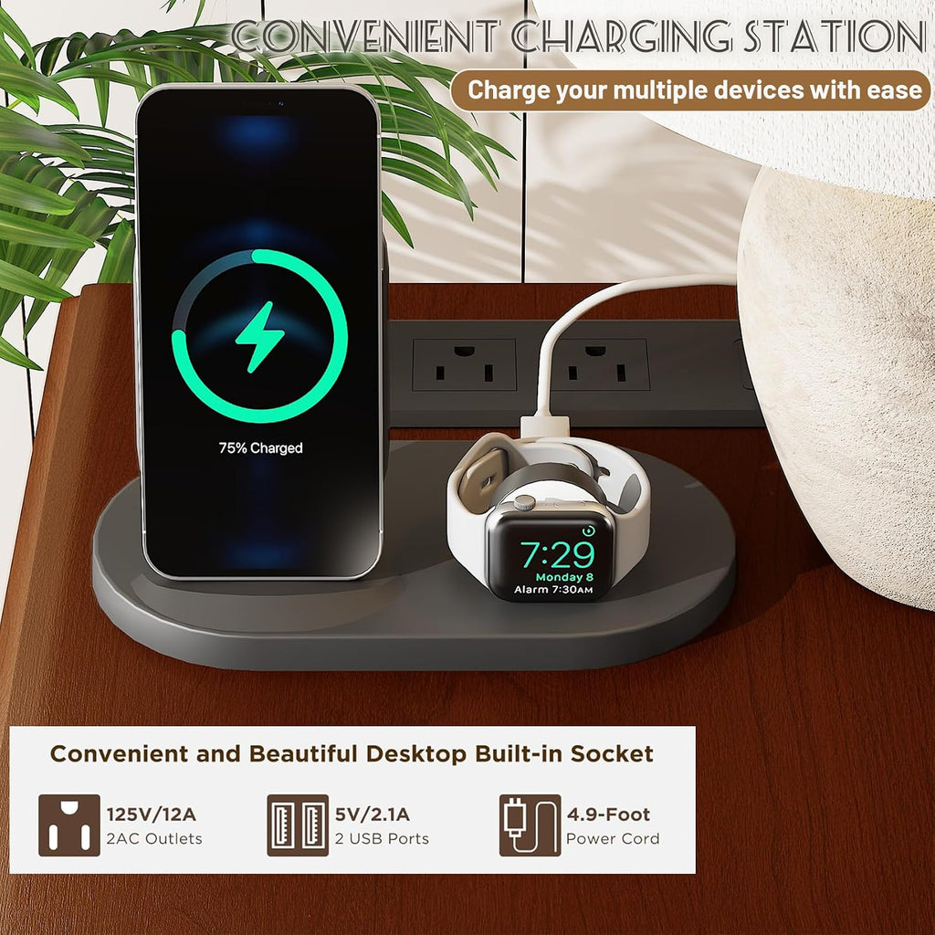 Wood End Table with Charging Station, Fully Assembled Slim Side Table with Drawers, Narrow Nightstand Bedside Table for Small Spaces, Living Room, Bedroom,Walnut