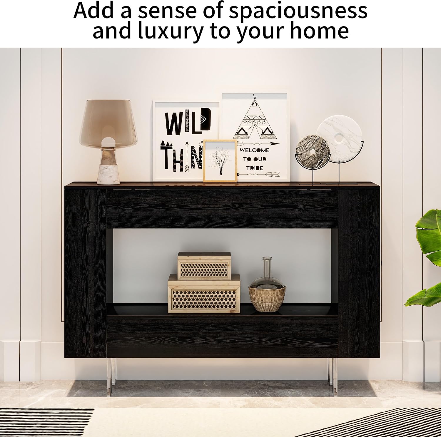47' Narrow Console Table with Hidden Side Storage Cabinets, Adjustable Shelves, Modern Black Entryway Sofa Table for Behind The Couch, Living Room, Hallway