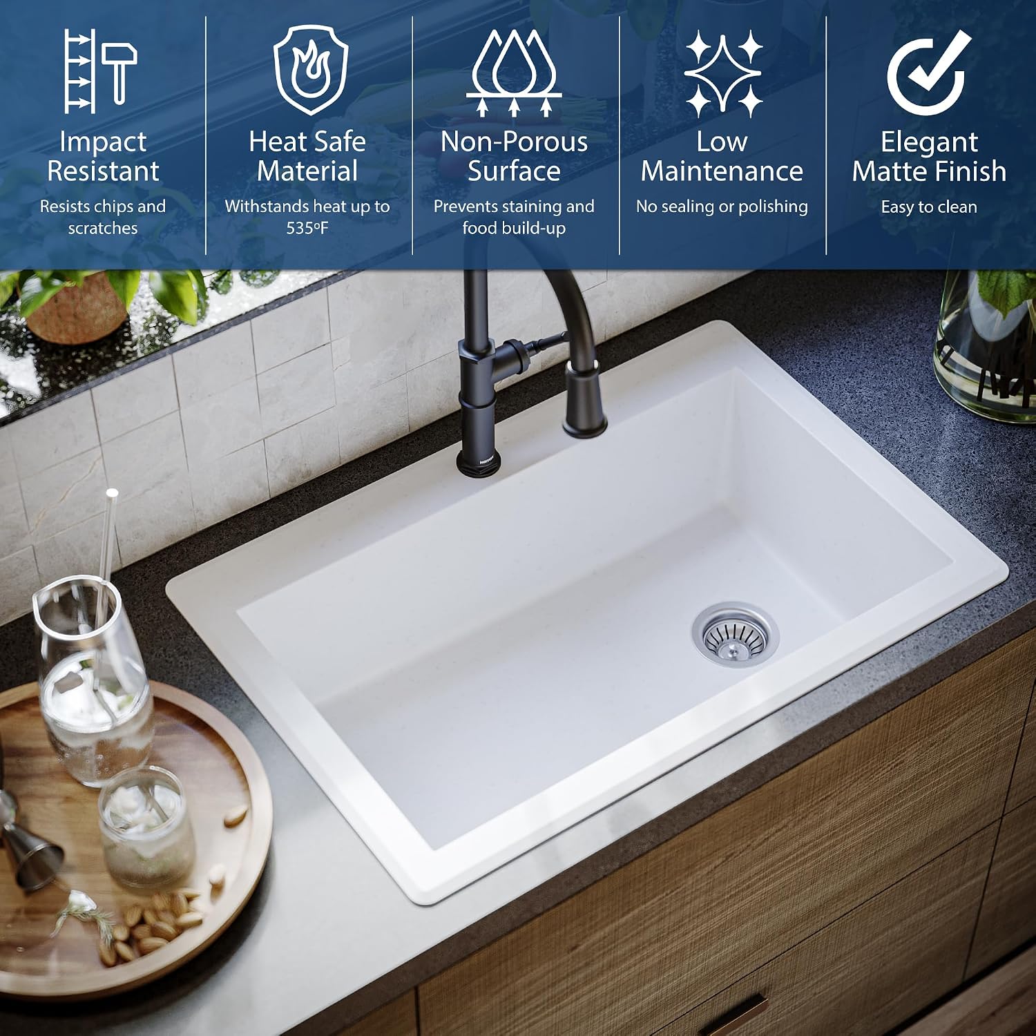 Karran QT-670 Drop-In/Top Mount 33' Single Bowl Granite Quartz Composite Kitchen Sink in White – Right Side Drain, Extra Deep 9' Basin, Heat & Scratch Resistant, Sound Dampening