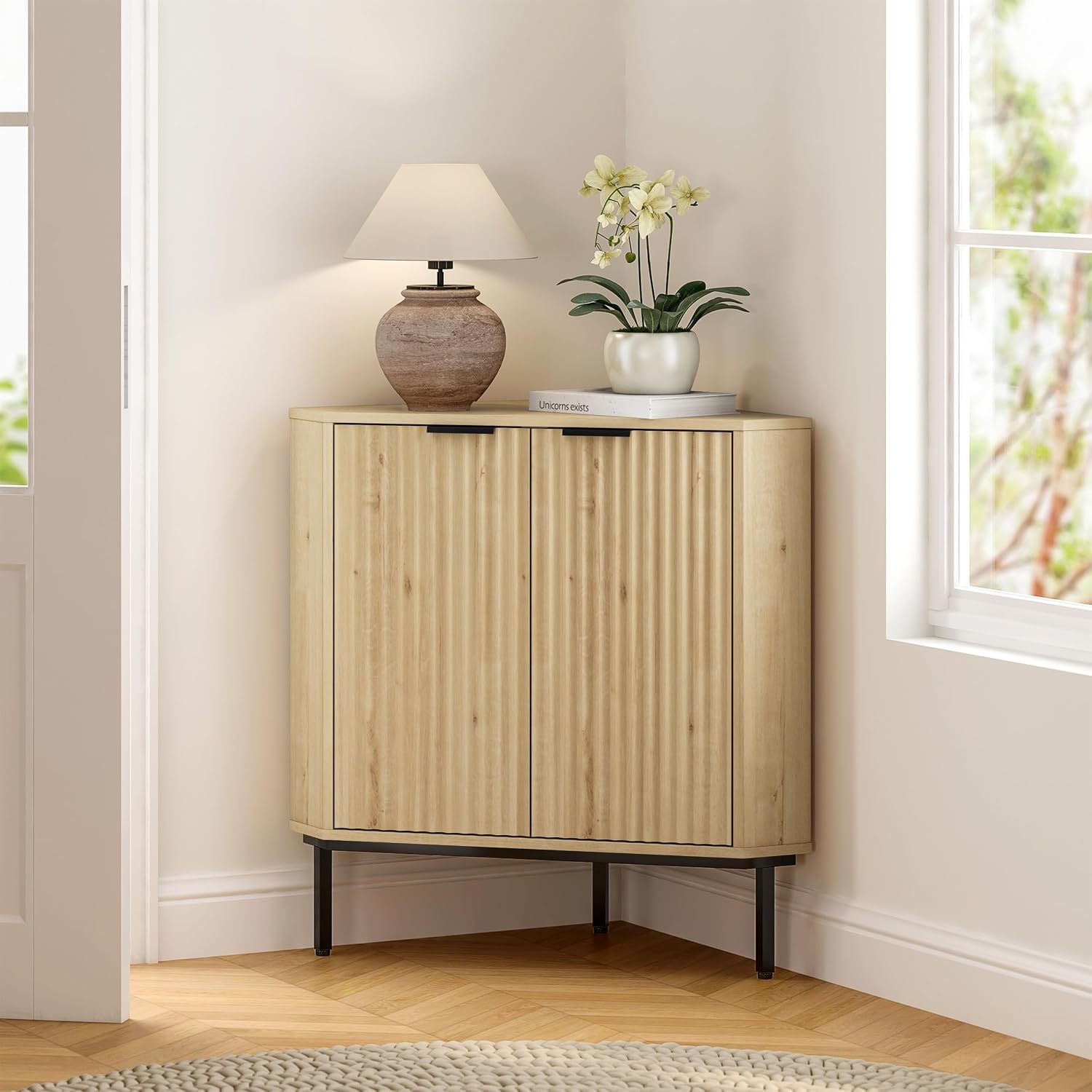 EYYTHUNG Fluted Corner Cabinet, Modern Small Corner Floor Cabinet with 2 Doors and 2-Tier Shelves, Freestanding Narrow Organizer for Living Room Kitchen Bathroom, Light Oak