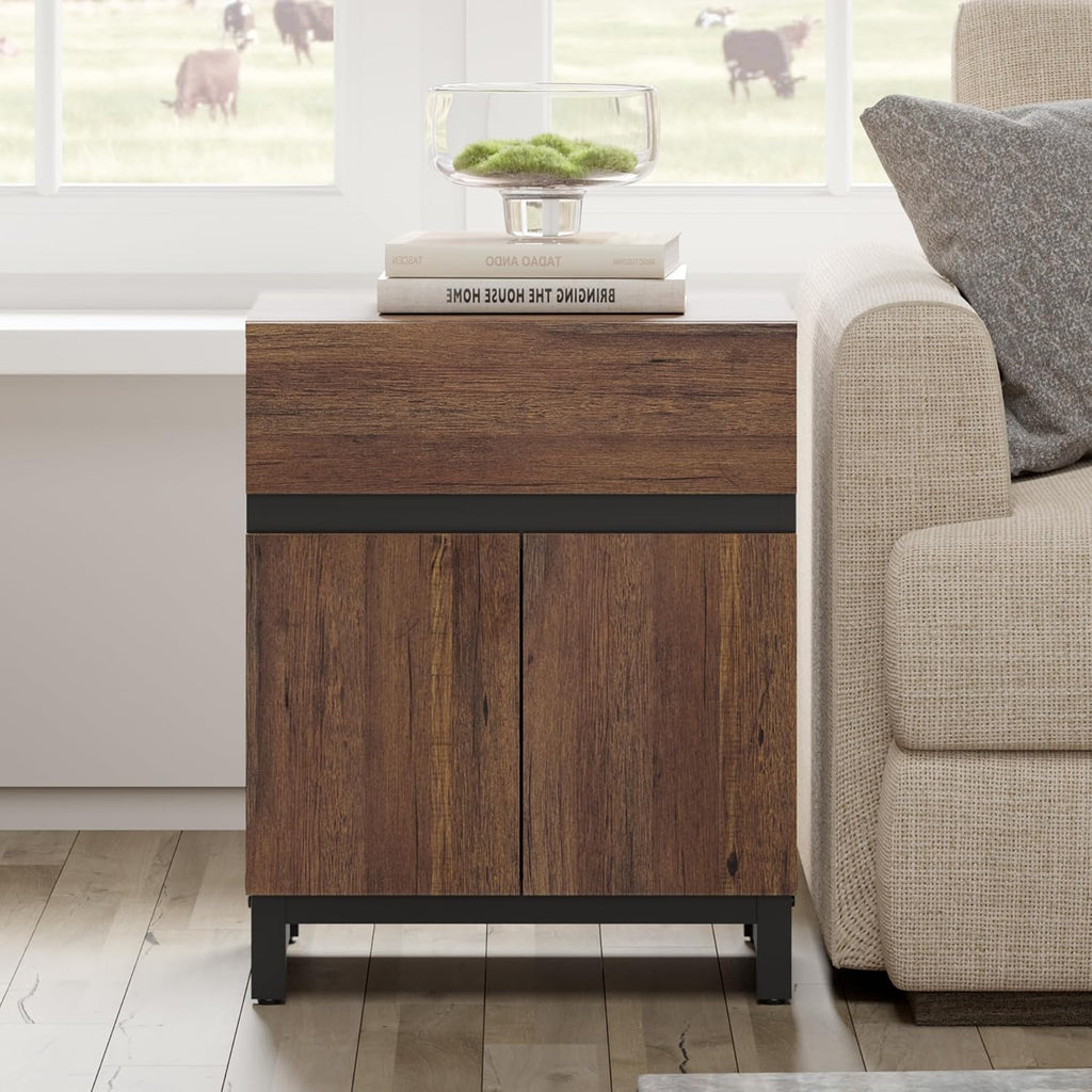 WAMPAT 2 Piece Modern End Table with 1 Drawer & 1 Storage Cabinet, Farmhouse Sofa Table, Wooden Rustic Side Sofa Table with Metal Leg for Living Room, Nighstand for Bedroom, Brown
