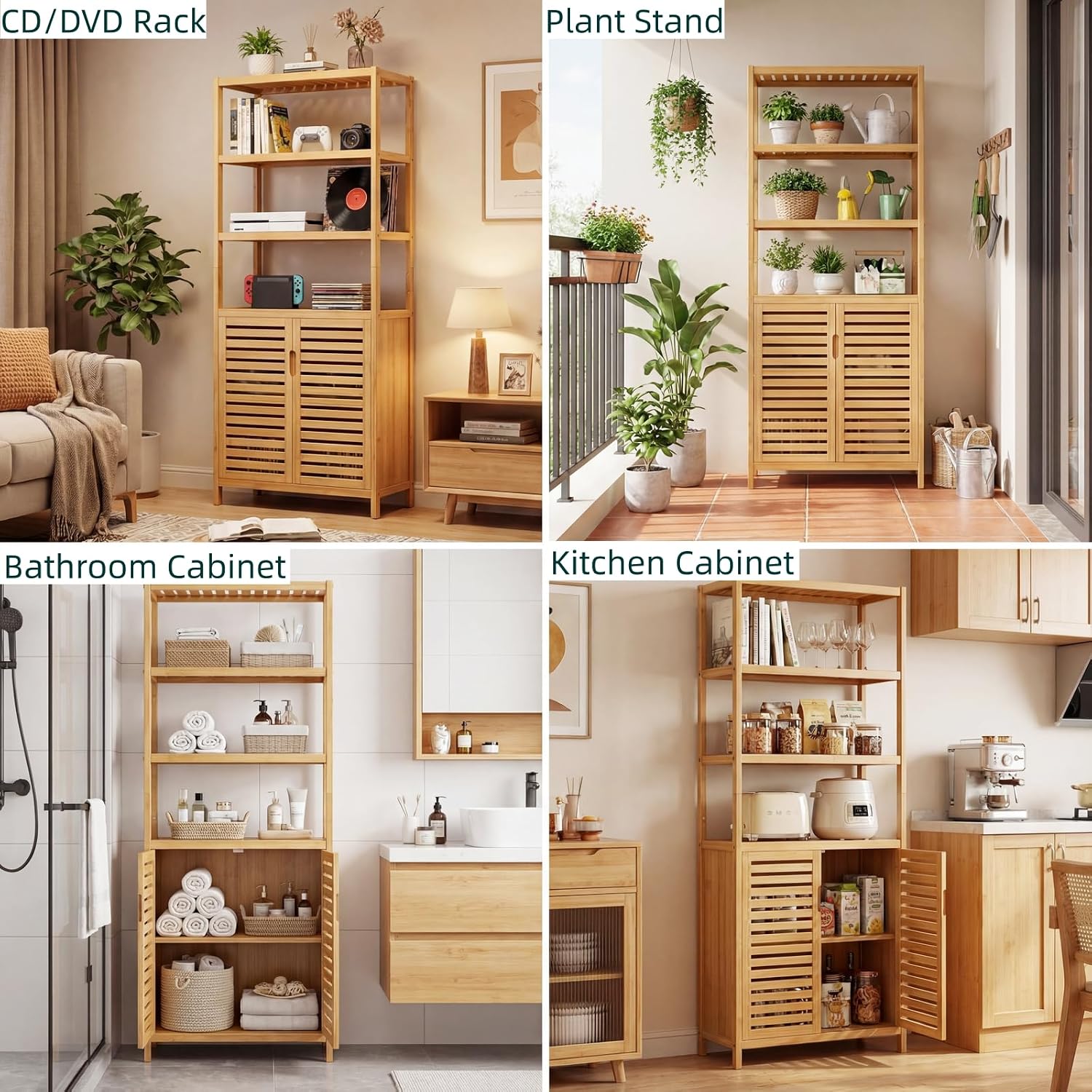 HIFIT 2 Set Tall Shelf Unit Bamboo Storage Cabinet with Doors, 5-Tier Bookshelves and Bookcases with Storage and Display, 67' Tall Cabinet w/Plant Stand for Bathroom,Living Room,Kitchen Dining,Balcony