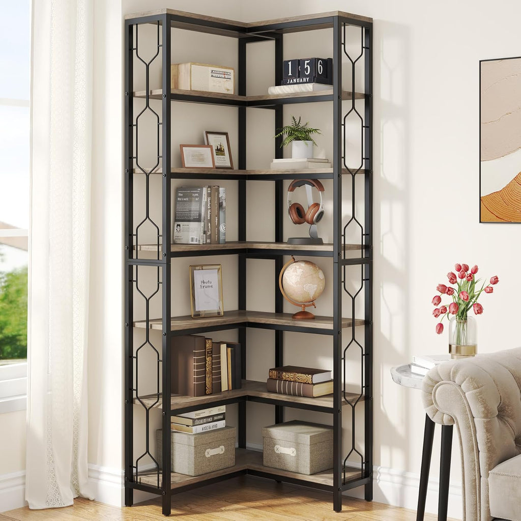 LITTLE TREE Corner Bookshelf, 7-Tier Bookcase, Tall Book Shelf Modern Book Case for Books, Garage Kit, CDs, Movies, Industrial Storage Organizer for Bedroom Home Office Kitchen Living Room, Grey