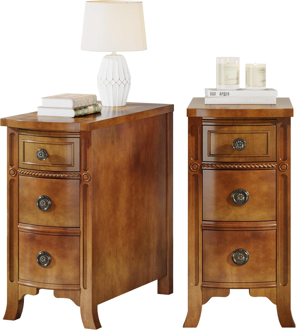 Farmhouse Solid Wood End Table, 3-Drawer Narrow Side Table Slim Chair Table for Living Room, Sofa Table with Drawers, Small Nightstand for Bedroom, No Assembly Required, Brown