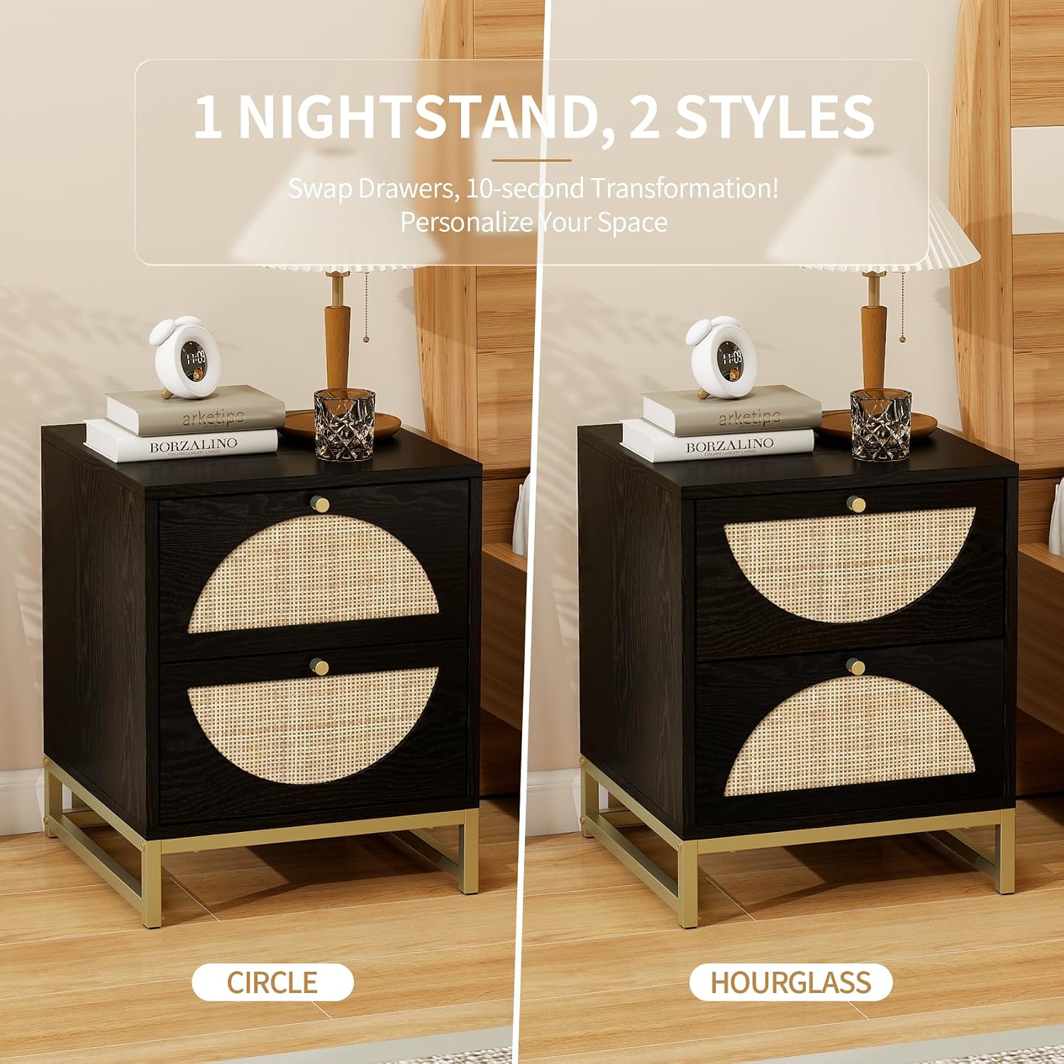 Rattan Nightstand, Boho Bedside Tables with 2 Drawer, Rustic End Table with Storage, Side Table for Living Room, Bed Room, Office, Black, Set of 2