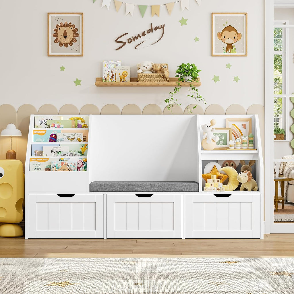 FOTOSOK 55.1'' Kids Bookshelf with Reading Nook, Toy Storage Organizer with Seat Cushion and 3 Movable Drawers, Kids Reading Nook Toy Organizers and Storage with Bench for Playroom, Bedroom, White