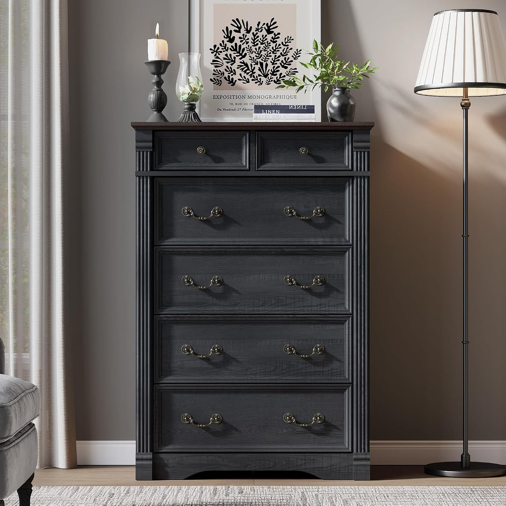 Black Dresser for Bedroom, 47' Tall Dresser for Bedroom, Wood Rustic Chest of Drawers with Chic Wood Pilasters, Farmhouse Dressers Organizer for Bedroom, Hallway