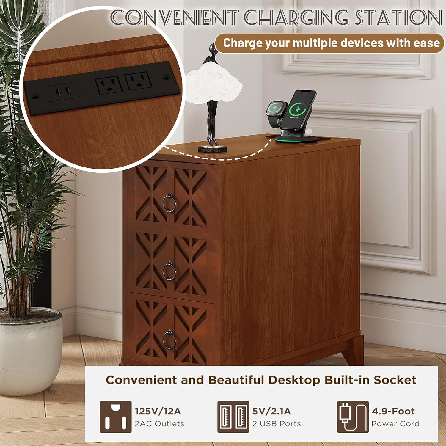 Wood Tall Nightstand with Charging Station, 70.9' Tall End Table with 3 Storage Drawers and 4 Open Shelves, Narrow Slim Sofa Side Table for Small Spaces, Living Room, Bedroom,Corner, Walnut