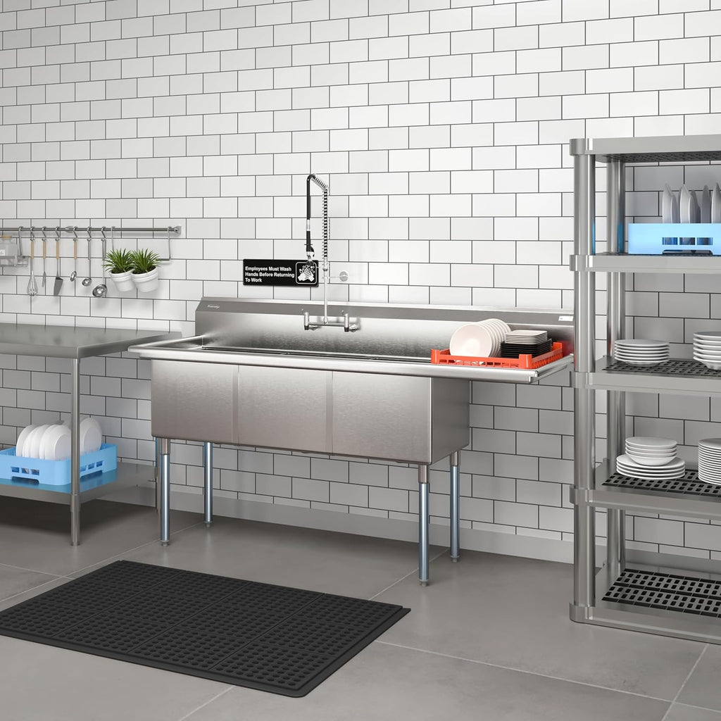 KoolMore 75 in. Three Compartment 18-Gauge Stainless-Steel NSF Commercial Kitchen Sink, Bowl Size 18x18x14, with Three Basins and Pre-Drilled Faucet Holes with a Right Drainboard (KM-SC181814-18R3)