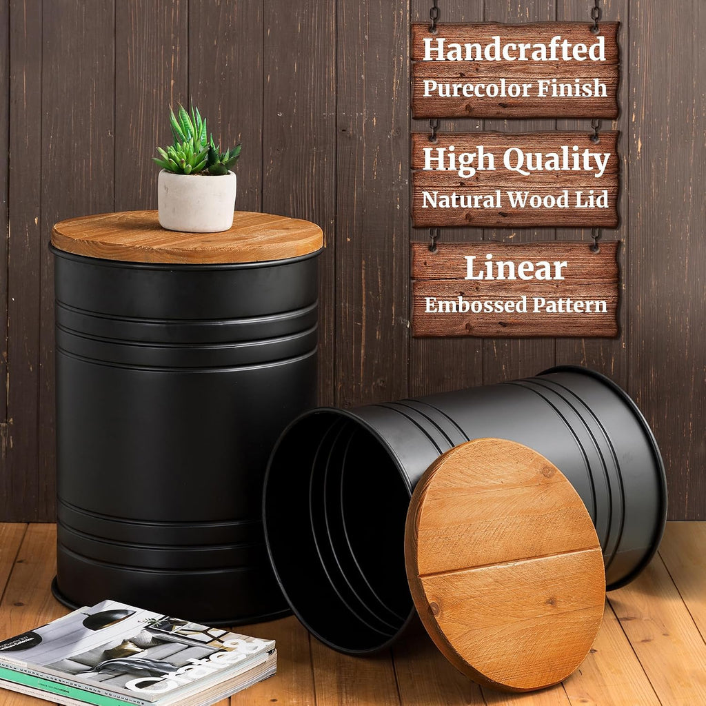 Glitzhome 4-Piece Galvanized Side Table Set, Metal Farmhouse Barrel Toy Box Bins with Round Wood Lid, Rustic Ottoman Seat Stool with Large Storage Space, for Living Room, Bedroom,Black