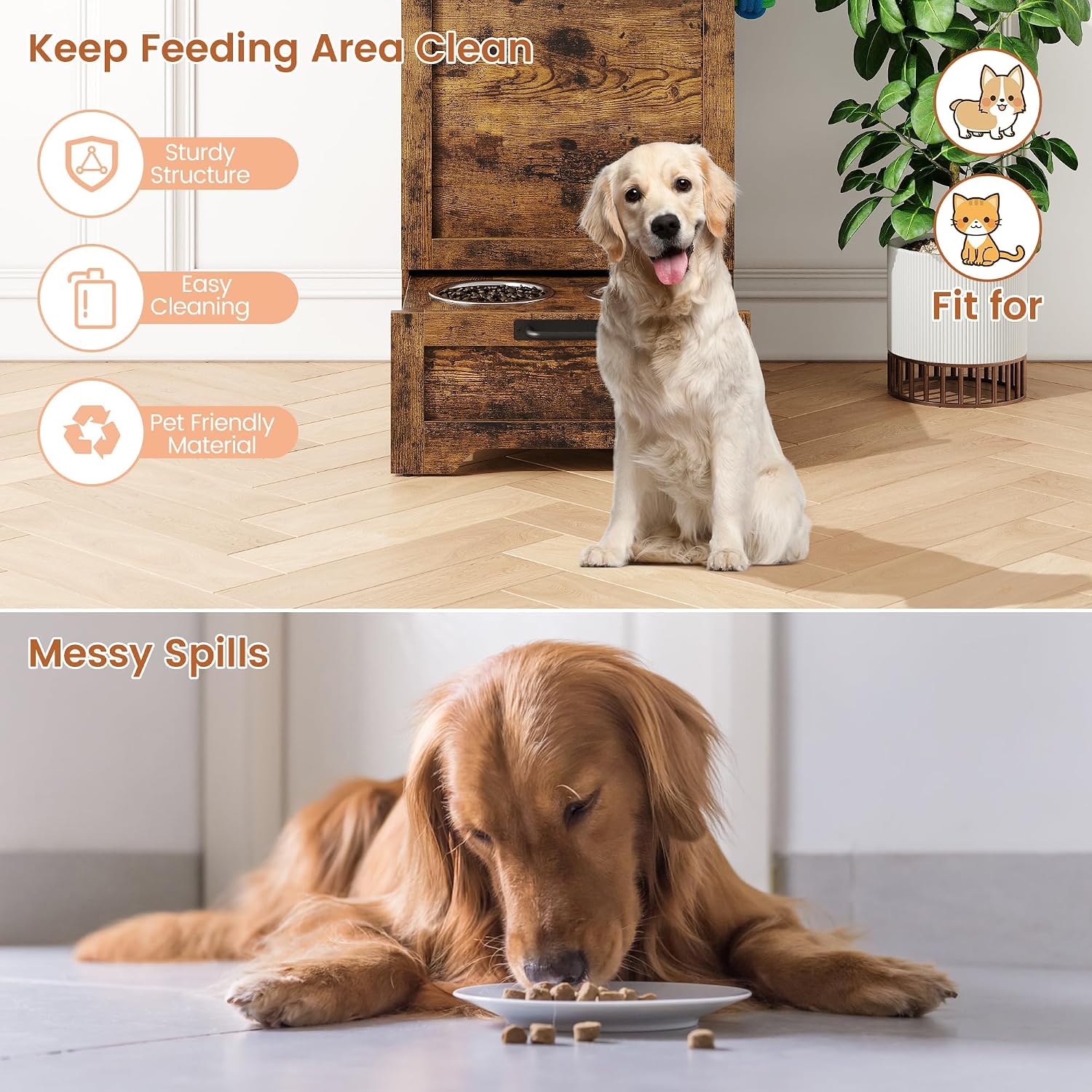 Dog Feeding Station, with Pet Feeding Station,Flip Top Dog Food Storage Cabinet, 2 Elevated Bowls, Includes 3 Hooks for Accessories – Space-Saving Design, Brown