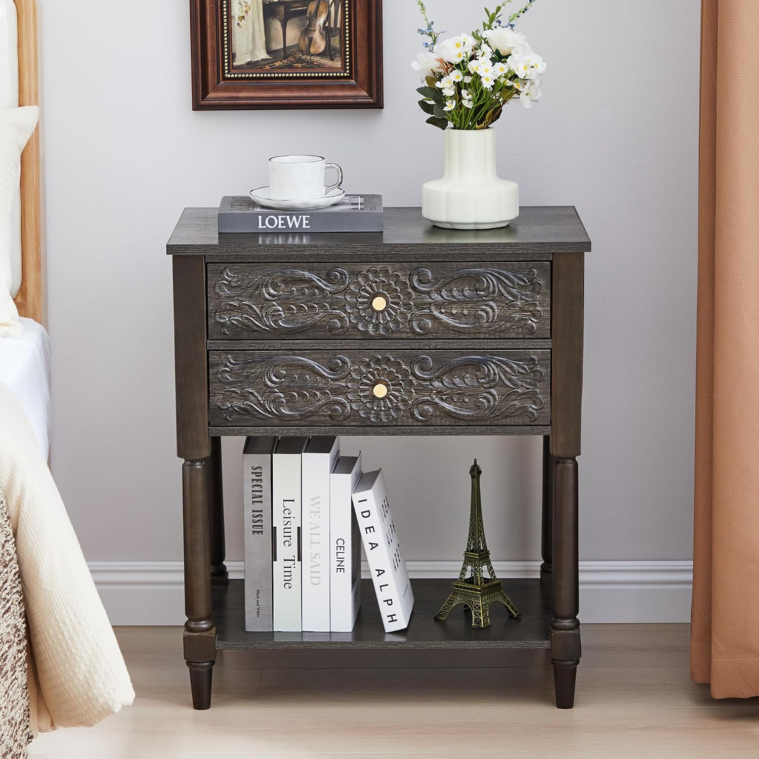 Nightstand, Farmhouse Bedside Table with 2 Drawers and Open Shelf, Wood Sofa Side Table End Table Accent Dresser for Bedroom, Living Room (with Shelf, Black Brown)