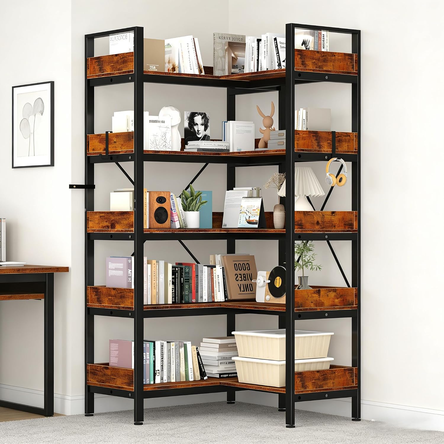 GarveeLife 5-Tier Corner Bookshelf, L-Shaped Reversible Bookshelf, 65' Industrial Wooden Bookcase with Open Shelves, Metal Frame Shelf with Adjustable Feet, Corner Storage Rack for Home Office