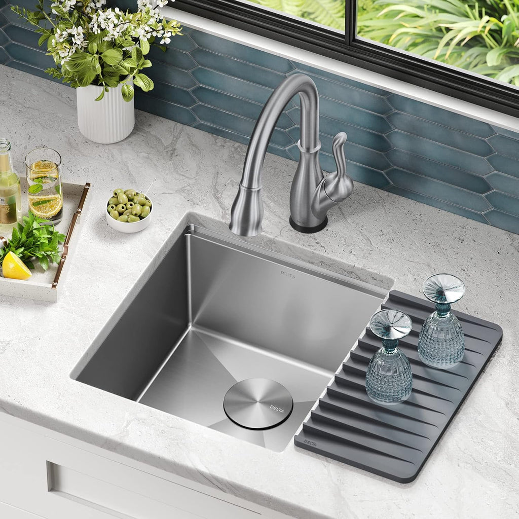 DELTA FAUCET Lorelai 17-inch Workstation Bar Prep Kitchen Sink Undermount 16 Gauge Stainless Steel Single Bowl with WorkFlow Ledge and Kit of 5 Accessories, 95B9032-17S-SS