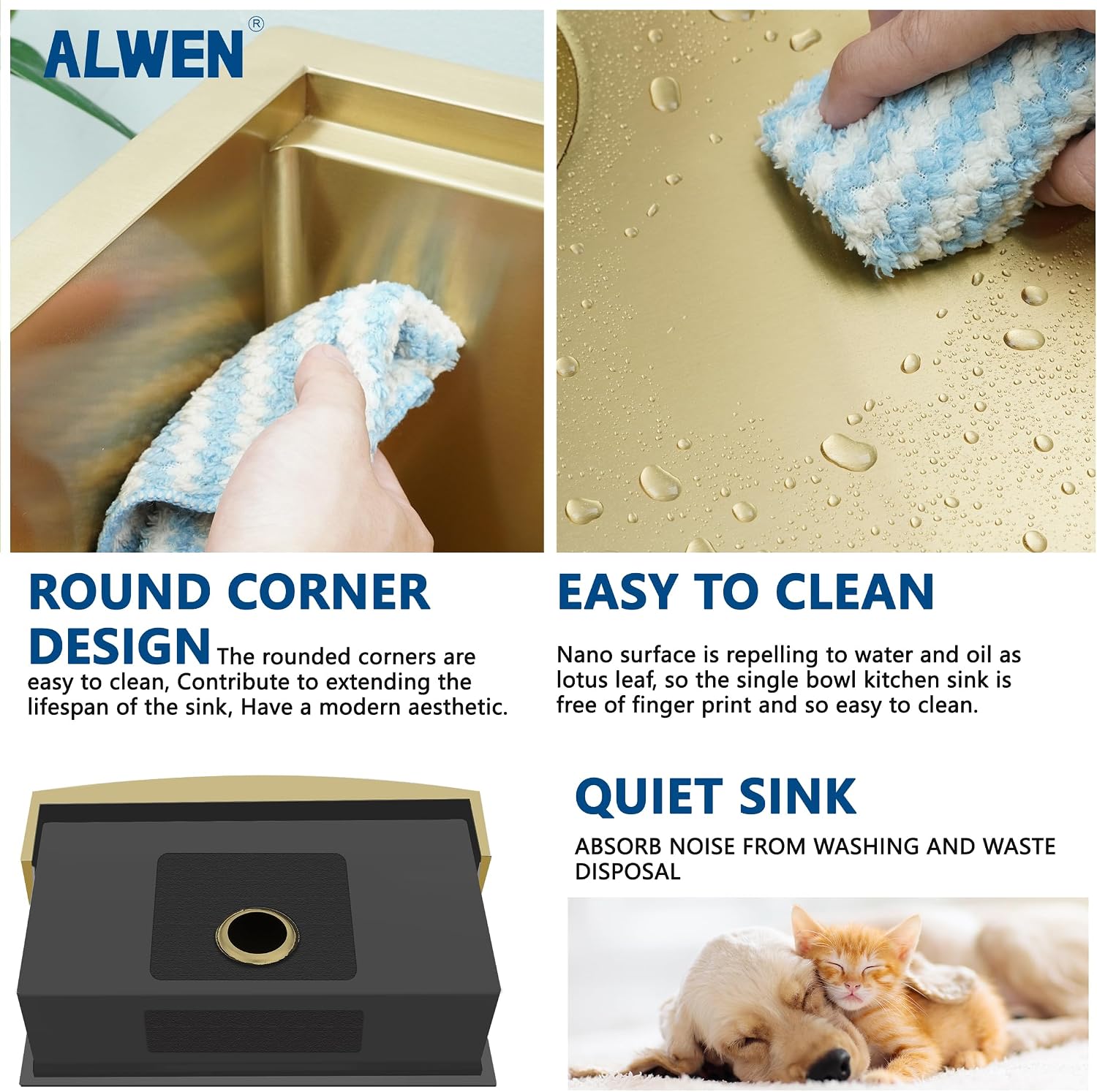 30' Luxury Gold Farmhouse Sink – ALWEN 16 Gauge Workstation Apron Front Sink, 10' Depth Single Bowl with R10 Radius & Accessories