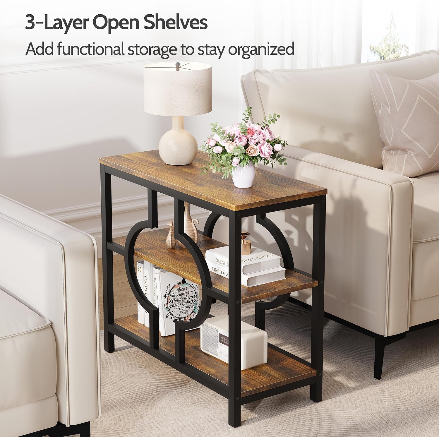 End Table Set of 2, Narrow Side Table with 3-Tier Storage Shelves, Wood Sofa Side Table with Geometric Metal Frame for Living Room, Industrial Bedside Nightstand for Bedroom (Brown)