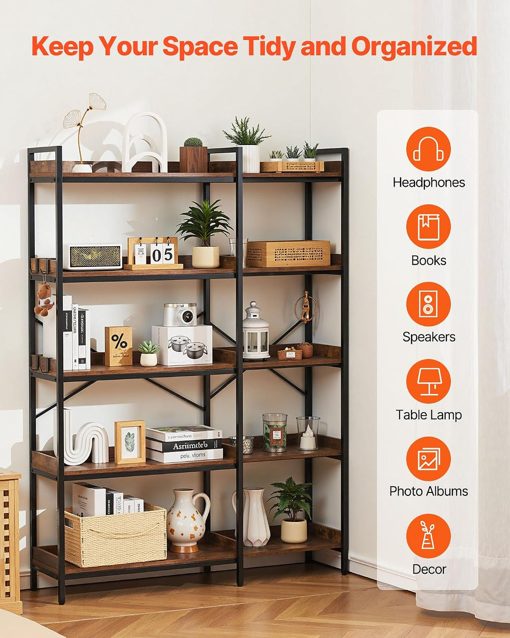 VEVOR 5 Tier Corner Bookshelf, Tall Corner Bookcase with 4 Hooks, L-Shaped Bookshelf Organizer with Metal Frame & Wooden Shelves, Reversible Display Book Shelf Rack for Bedroom, Living Room, Office