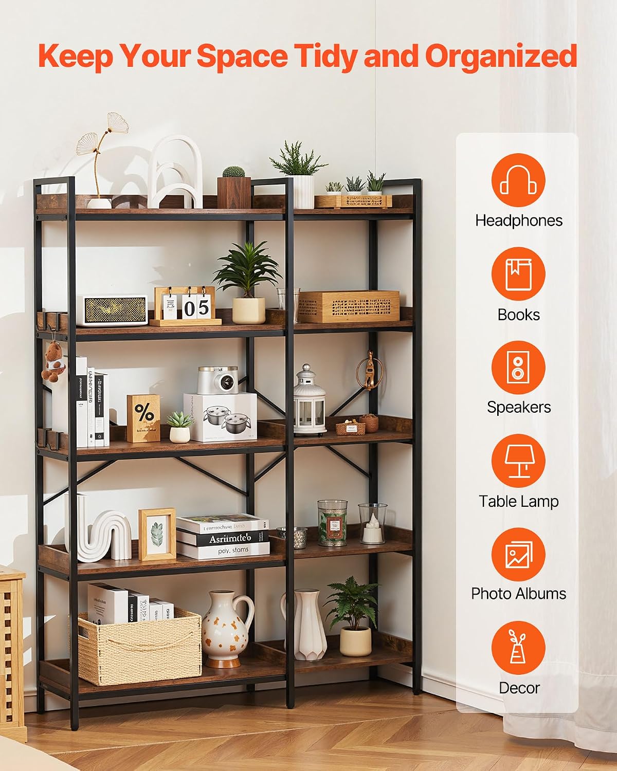 VEVOR 5 Tier Corner Bookshelf, Tall Corner Bookcase with 4 Hooks, L-Shaped Bookshelf Organizer with Metal Frame & Wooden Shelves, Reversible Display Book Shelf Rack for Bedroom, Living Room, Office