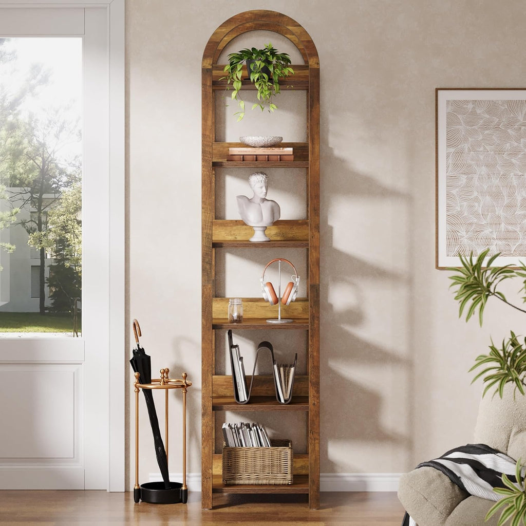 Tribesigns 6-Tier Narrow Bookshelf, 71' Tall Arched Bookcase with Shelves for Small Space, Skinny Wooden Display Shelf Open Storage Rack for Living Room, Home Office, Bathroom, Kitchen, Brown
