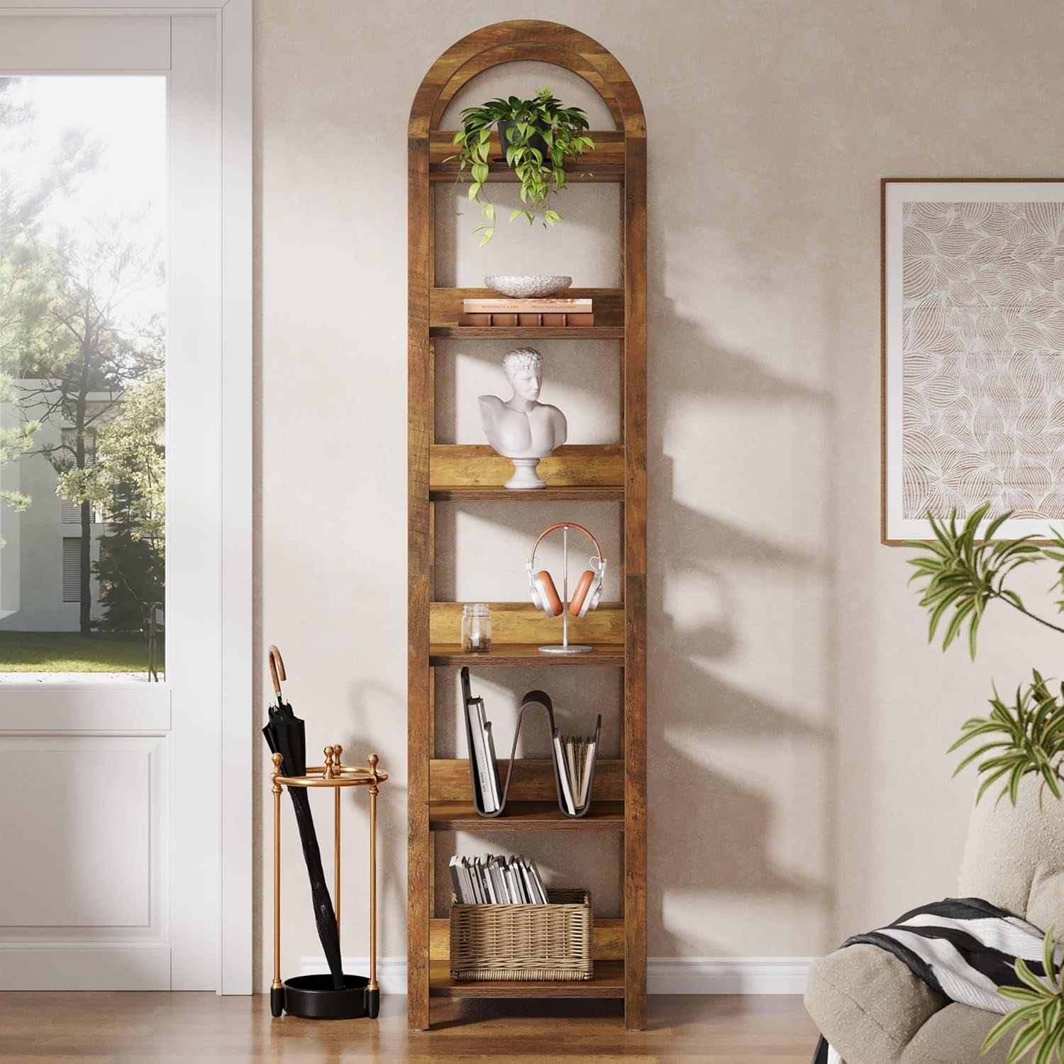 Tribesigns 6-Tier Narrow Bookshelf, 71' Tall Arched Bookcase with Shelves for Small Space, Skinny Wooden Display Shelf Open Storage Rack for Living Room, Home Office, Bathroom, Kitchen, Brown