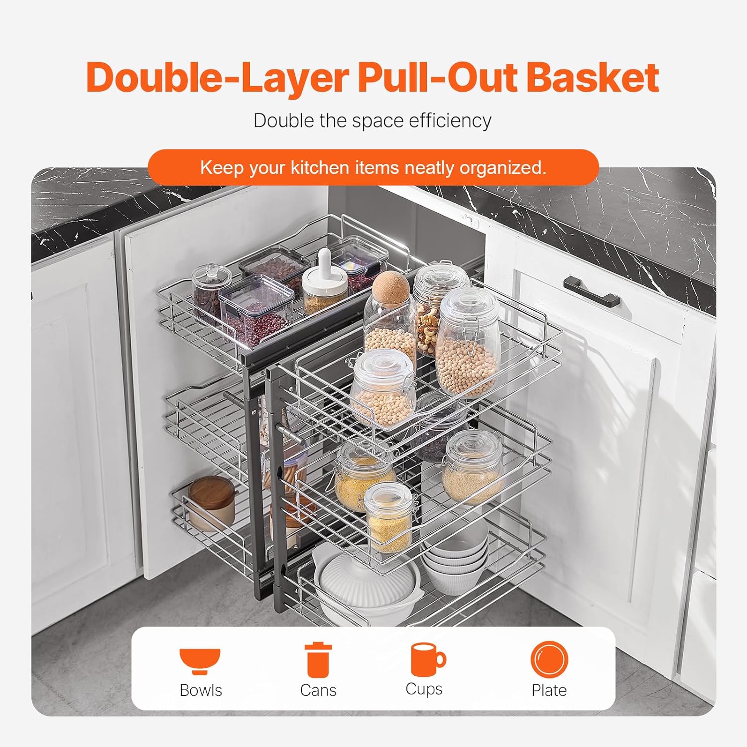 VEVOR 3 Tier 6 Shelf Chrome Carbon Steel Kitchen Cabinet Organizer, Slide Out Storage, Space Saving, Silver, For 15' Width, Food, Jars, Cans, Cookware, Pans, Mugs