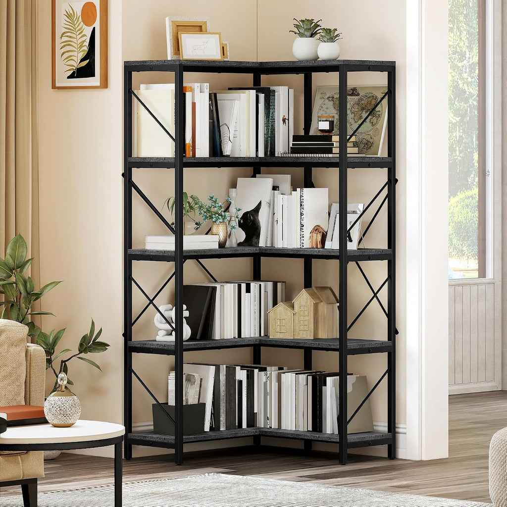 YITAHOME Corner Bookshelf, Industrial Corner Shelf 5 Tier Bookcase, Large Display Rack Storage for Bedroom, Living Room, Home Office,Charcoal Gray + Black